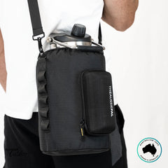 The Aussie Pal 6L Hydro Jug with black insulated sling cover, complete with adjustable strap and storage pocket.