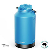 The Aussie Pal 6L Insulated Hydro Jug in vibrant blue with stainless steel base, dual-lid design, and heavy-duty build for outdoor use.