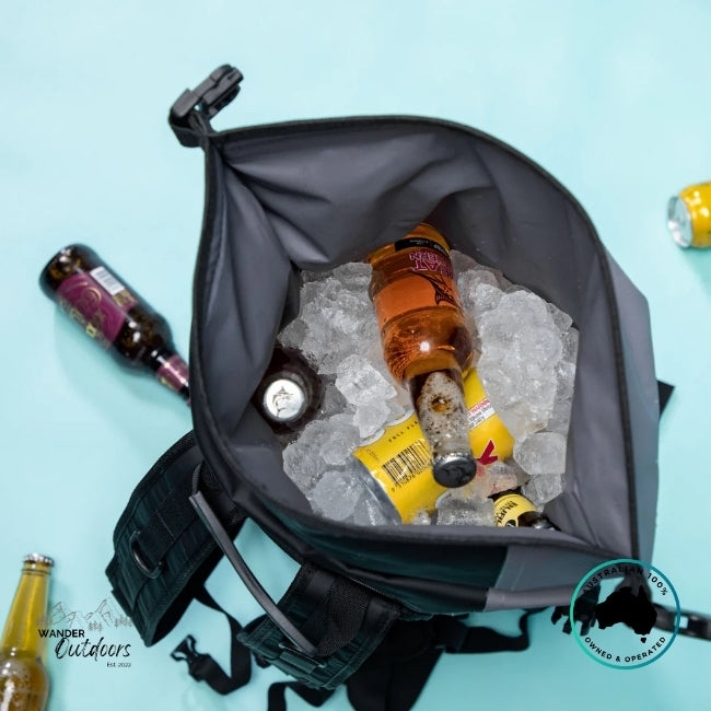 Backpack with bottles and ice on a light blue background