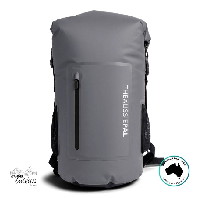 Gray backpack with 'The Aussie Pal' branding on a white background