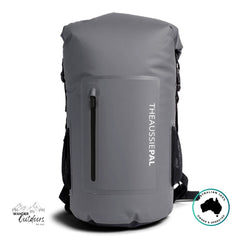 Gray backpack with 'The Aussie Pal' branding on a white background