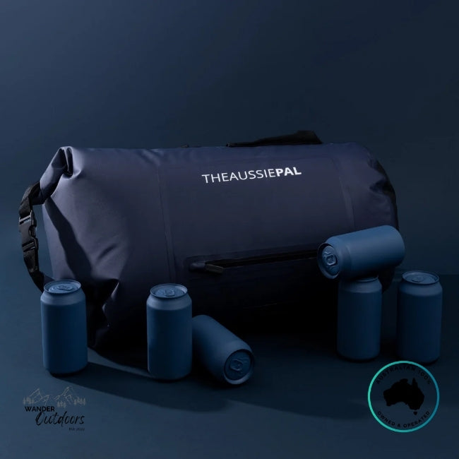 navy 35l bag with 'THEAUSSIEPAL' branding on a dark background