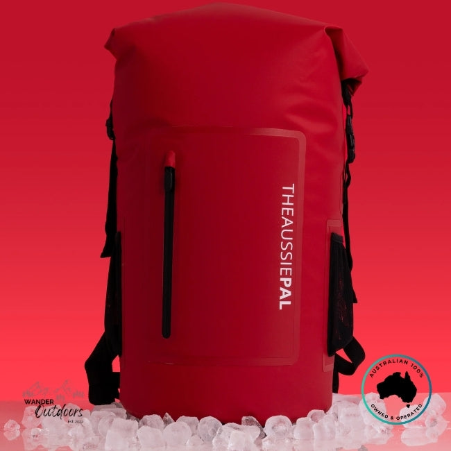 Red backpack with 'The Aussie Pal' branding on a red background