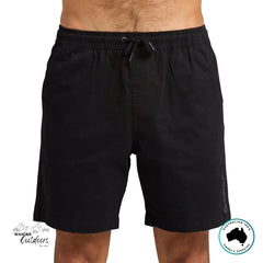 The Mad Hueys Stranded 18" Black shorts with drawstring on a white background