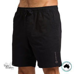 Black shorts with The Mad Hueys Brand Logo on a white background