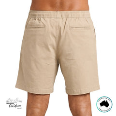 Taupe shorts worn by a person on a white background rear facing view