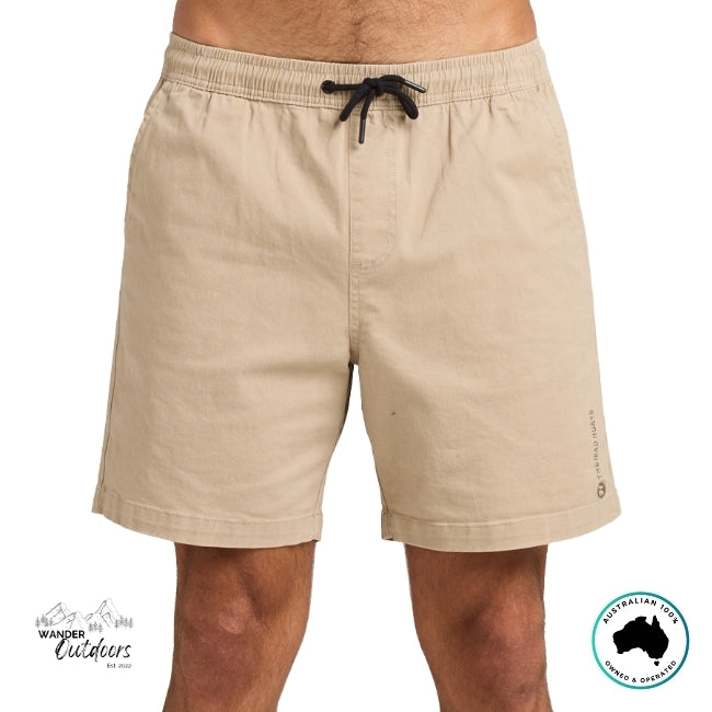 Taupe shorts with a drawstring on a white background, featuring The Mad Hueys Brand Logo
