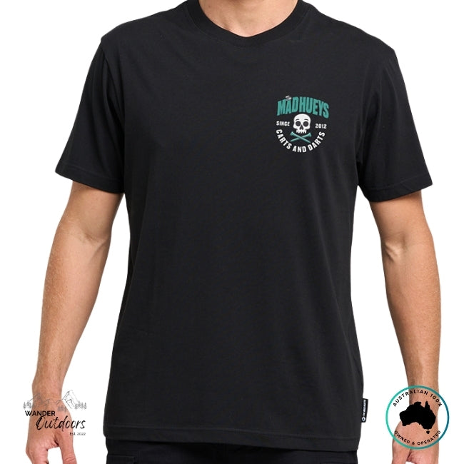 Black t-shirt with The Mad Hueys Carts and Darts Logo on a white background