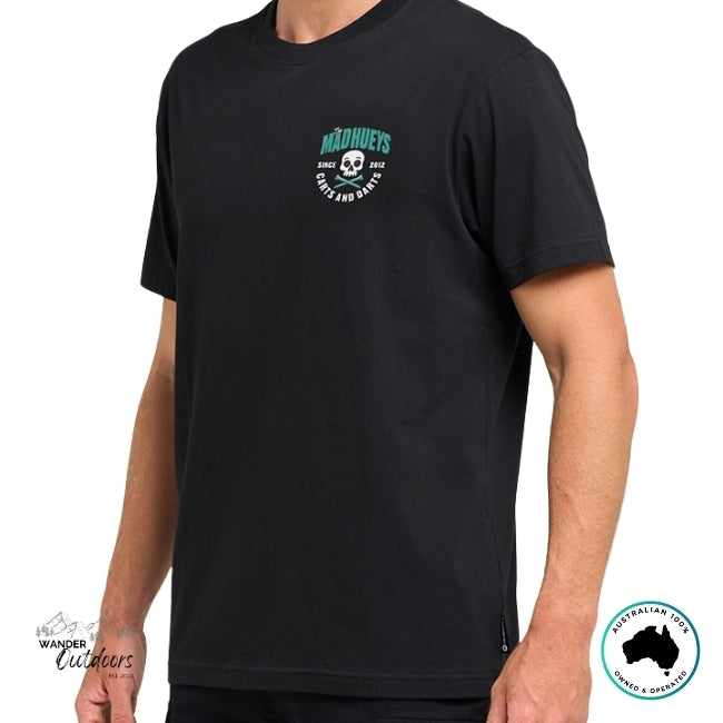 Person wearing a black t-shirt with The Mad Hueys Carts and Darts Logo on a white background