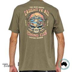 Back view of The Mad Hueys Caught Fk All Fishing Club Tee featuring skull and palm artwork on olive cotton fabric.
