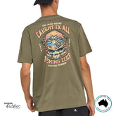 The Mad Hueys Caught Fk All Tee in olive green, back view showing bold surf and fishing skull graphic with island design.