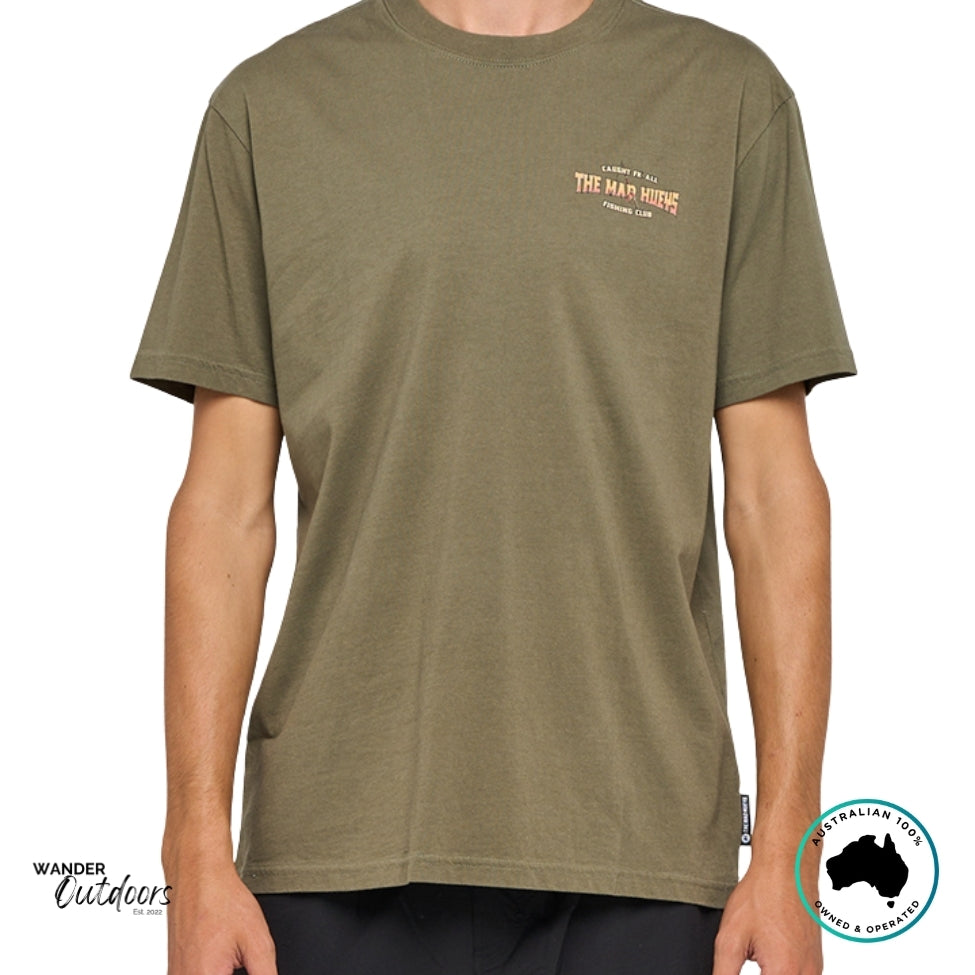 Front view of The Mad Hueys Caught Fk All Tee in olive with small chest logo print and relaxed fit cotton design.