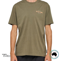 Front view of The Mad Hueys Caught Fk All Tee in olive with small chest logo print and relaxed fit cotton design.