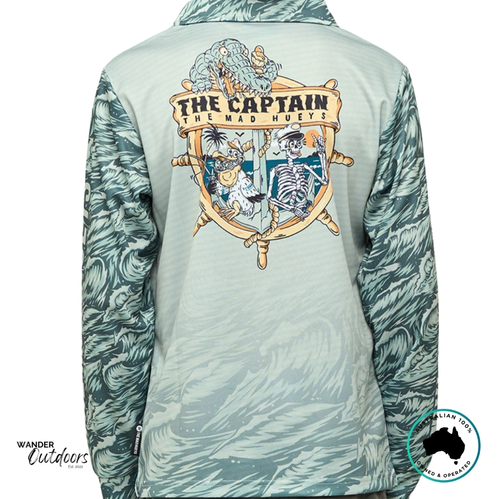 Back view of The Mad Hueys Croc Captain Youth UPF 50+ Fishing Jersey showing detailed Croc Captain graphic and nautical design.