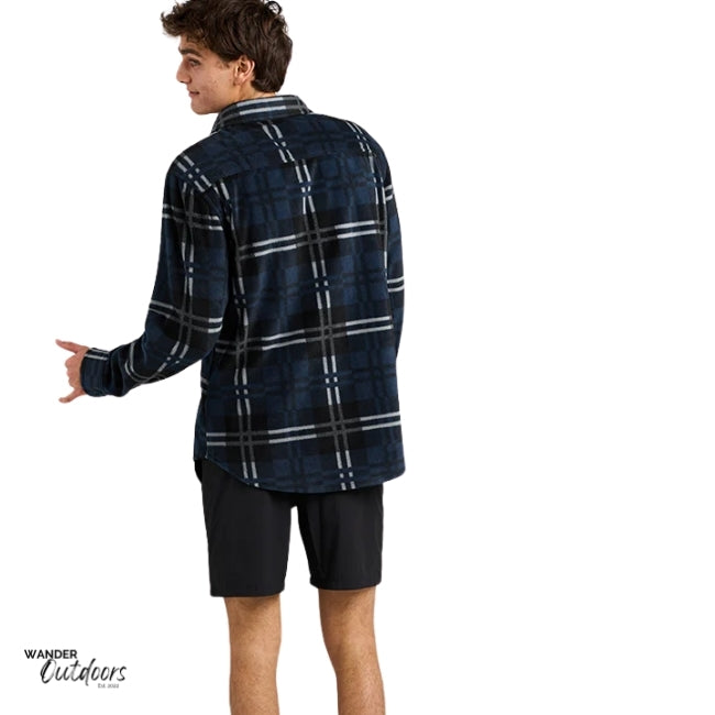 Full-body shot of model Showing the back of the FK OFF FISH ON Shacket, ready for an outdoor adventure