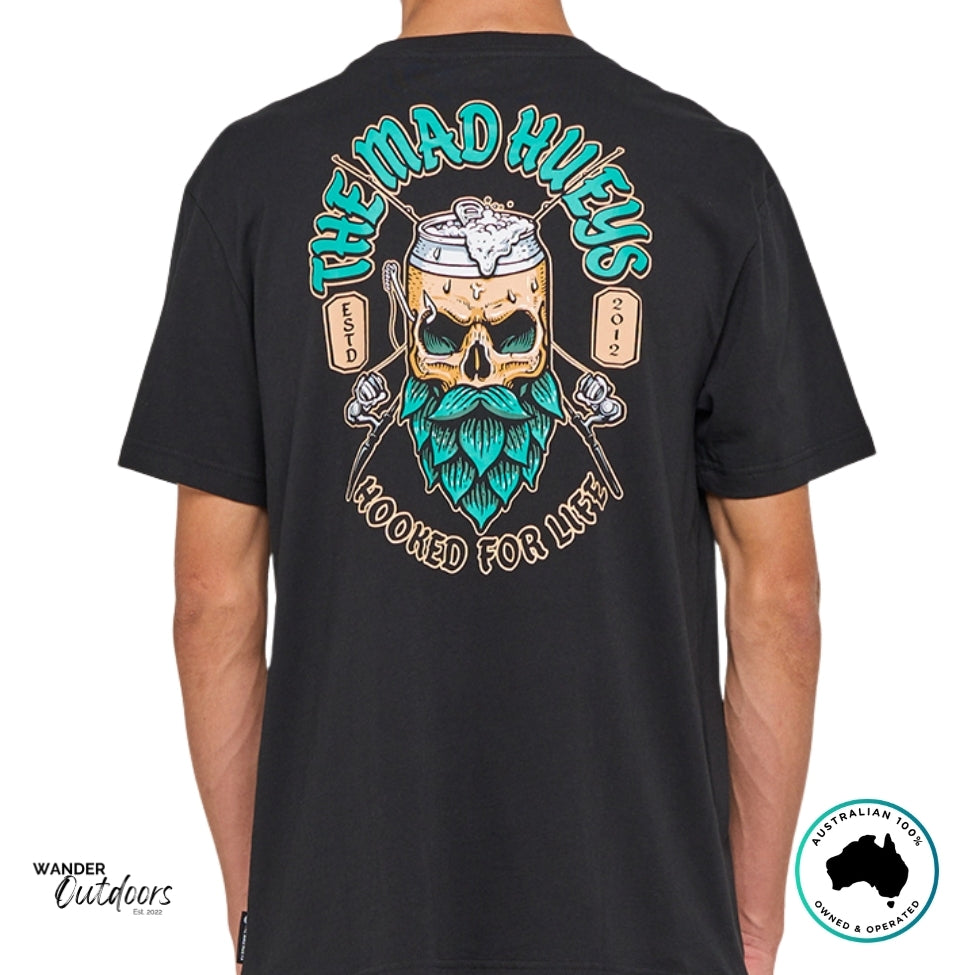Back view of The Mad Hueys Frothin Hooked For Life short sleeve tee showing full logo and fishing design print.