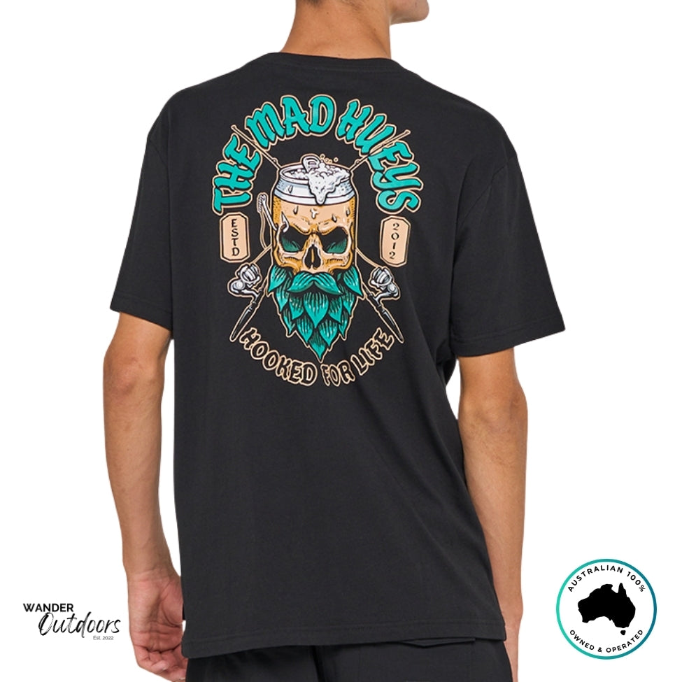 The Mad Hueys Frothin Hooked For Life Tee in black, back view with bold beer-skull and crossed hooks graphic.