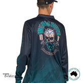 Back angled view of The Mad Hueys Frothin Hooked For Life UPF 50+ Fishing Jersey with detailed print and relaxed fit.