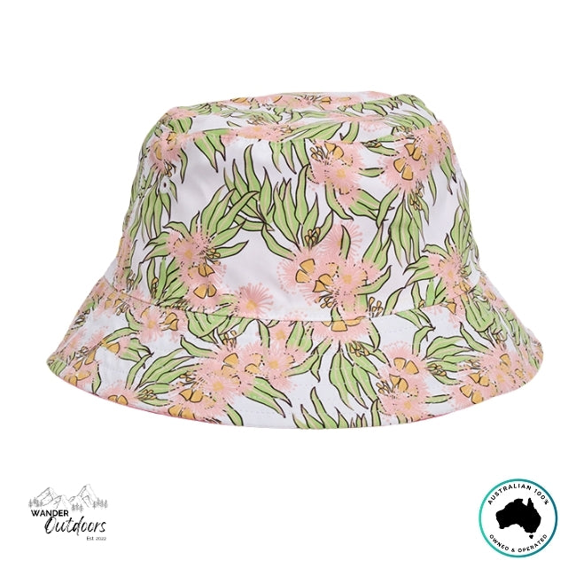 Floral patterned bucket hat on a white background