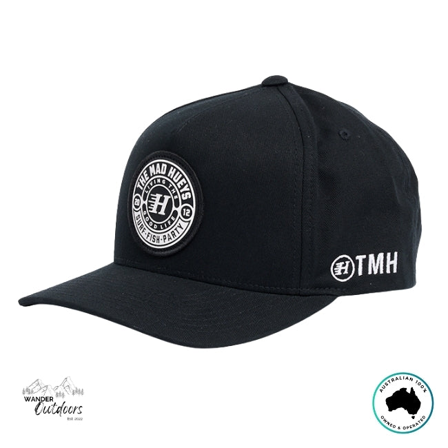 Black cap with The Mad Hueys Logo on a white background