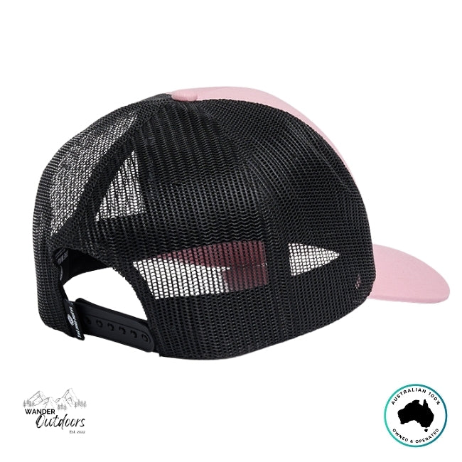 The Mad Hueys Good Life hat Black mesh cap with pink on a white background
