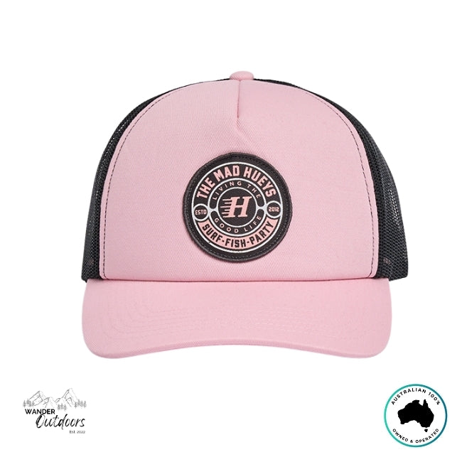 Pink cap with black mesh and The Mad Hueys Good Life Logo on a white background