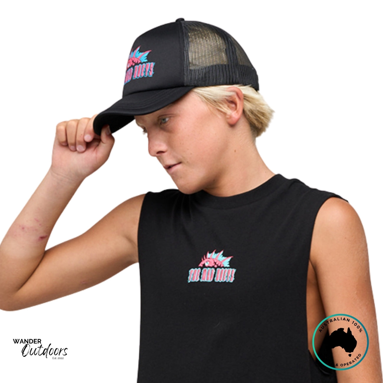 Side view of The Mad Hueys Kids King Cod Codzilla Foam Trucker Hat showing mesh back panels and curved brim design.