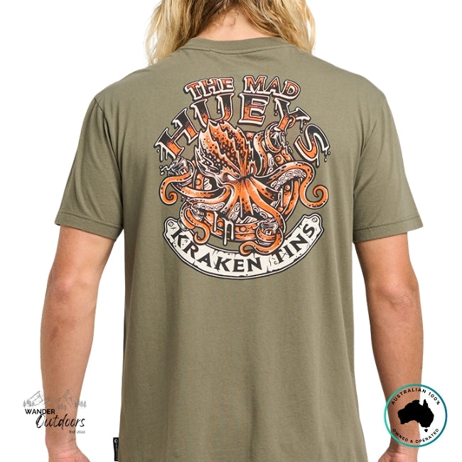 Person wearing a green t-shirt with a Kraken design on the back, featuring 'The Mad Hatter' branding.