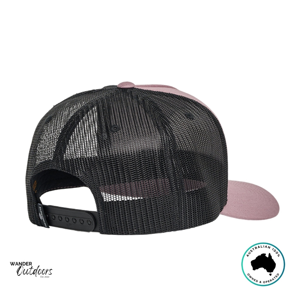 Back view of The Mad Hueys Living Hueys Twill Trucker Hat showing black mesh panels and adjustable snapback closure.