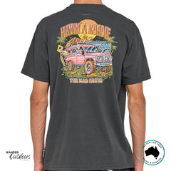 Back view of The Mad Hueys Roadie Tee in vintage black with bold graphic of ute and beach sunset design.