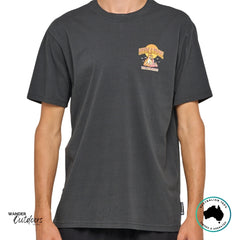 Front view of The Mad Hueys Roadie Tee in vintage black with small chest print and relaxed fit.