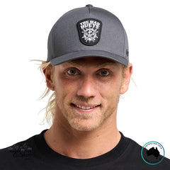 Man wearing a grey cap with The Mad Hueys Ship, Wheel, Beers Logo on a white background