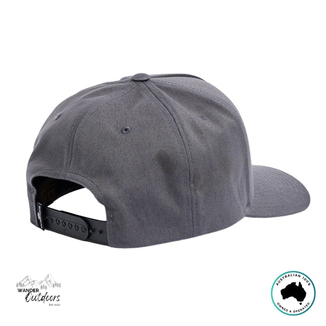 The Mad Hueys Ship, Wheel, Beers Grey cap with black strap on a white background.