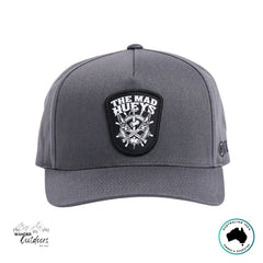 Gey cap with The Mad Hueys Ship, Wheel, Beers Logo on a white background