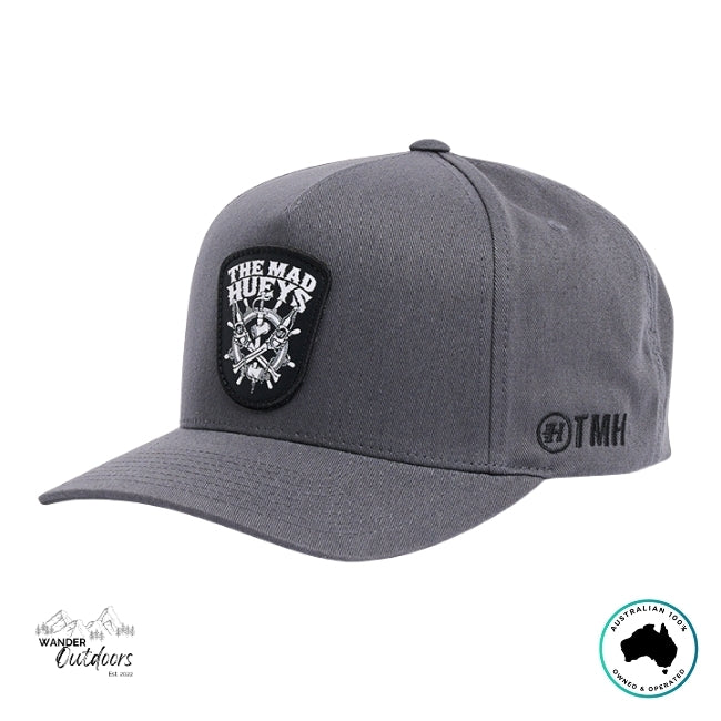Grey hat with The Mad Hueys Ship, Wheel, Beers Logo on a white background