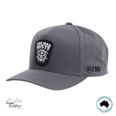 Grey hat with The Mad Hueys Ship, Wheel, Beers Logo on a white background