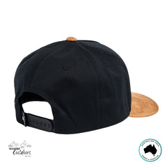 Black cap with brown visor on a white background, featuring Wander Outdoors branding.