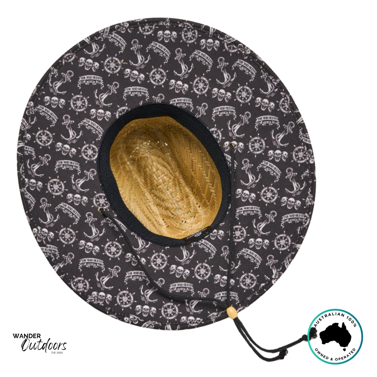 Bottom view of The Mad Hueys Triple Anchor Straw Hat highlighting black printed underbrim with nautical anchor and skull pattern.
