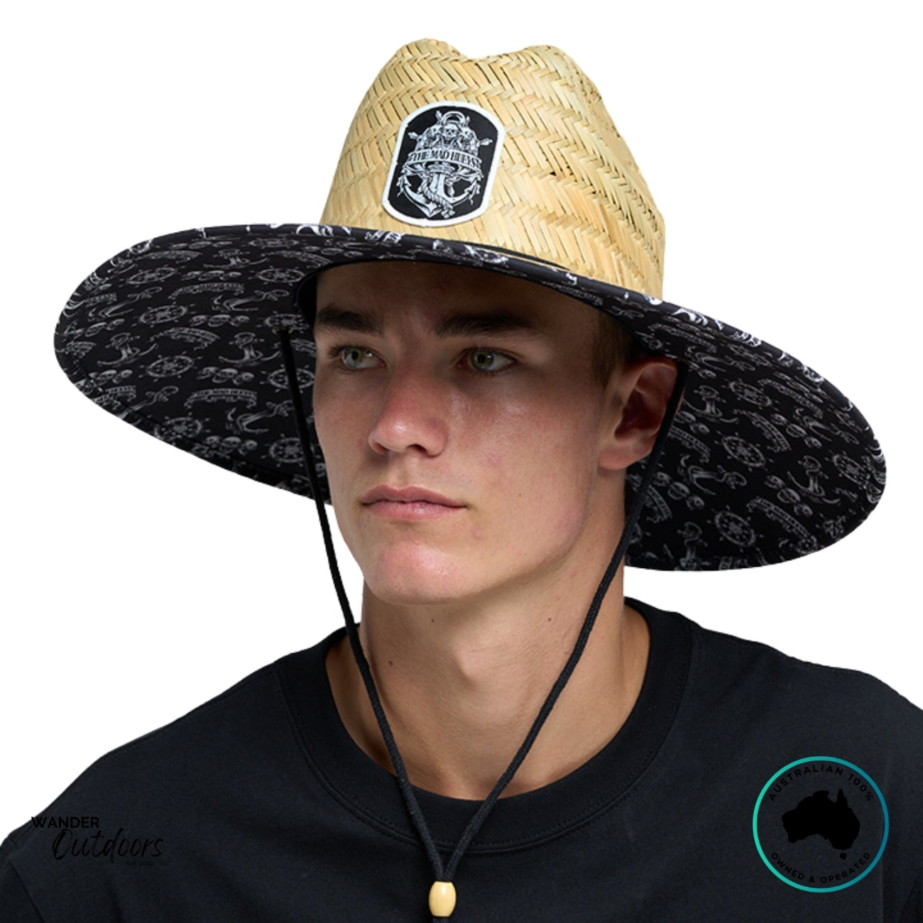 Side view of The Mad Hueys Triple Anchor Straw Hat showing natural woven straw finish and adjustable chin strap.