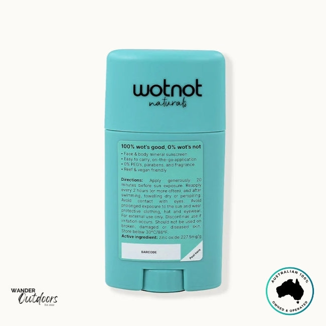 Back label of Wotnot Naturals SPF 50 Zinc Sunscreen Stick displaying directions and ingredients.