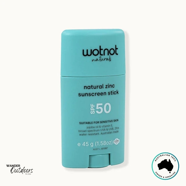 Side angle of Wotnot Naturals SPF 50 Zinc Sunscreen Stick highlighting slim travel-friendly design.