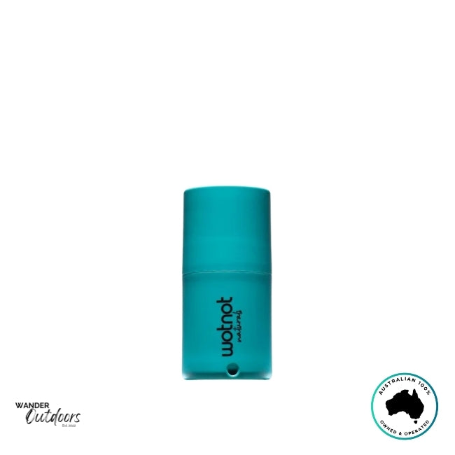 Front view of Wotnot Refillable Sunscreen Roll-On Applicator in aqua blue, featuring compact travel-friendly design.
