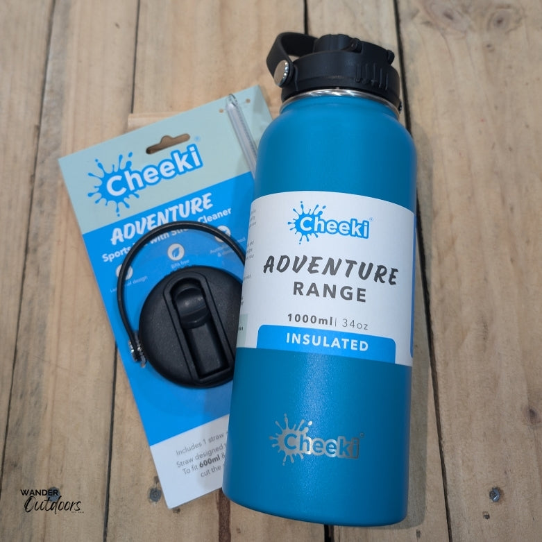 Cheeki 1 Litre Insulated Adventure Bottle with Adventure Sports Lid with Straw Bundle