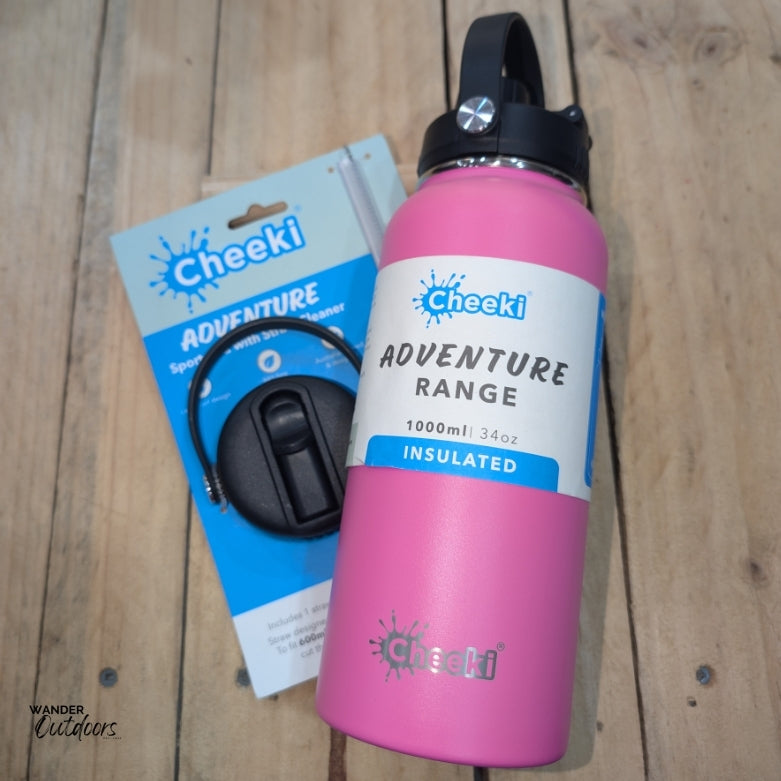 Cheeki 1 Litre Insulated Adventure Bottle with Adventure Sports Lid with Straw Bundle