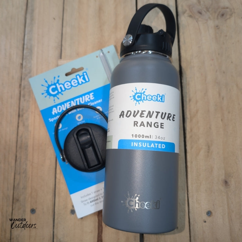 Cheeki 1 Litre Insulated Adventure Bottle with Adventure Sports Lid with Straw Bundle