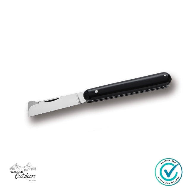Black-handled knife on a white background with a visible brand logo.