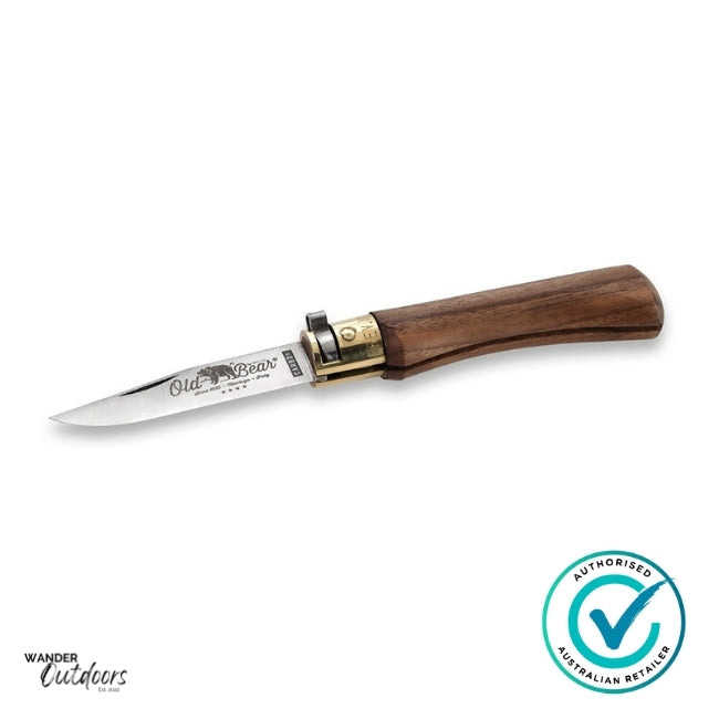 Antonini 9306/15Ln Old Bear Classical Walnut Extra Small Knife - Carbon Steel - Flat Lay, Open Blade