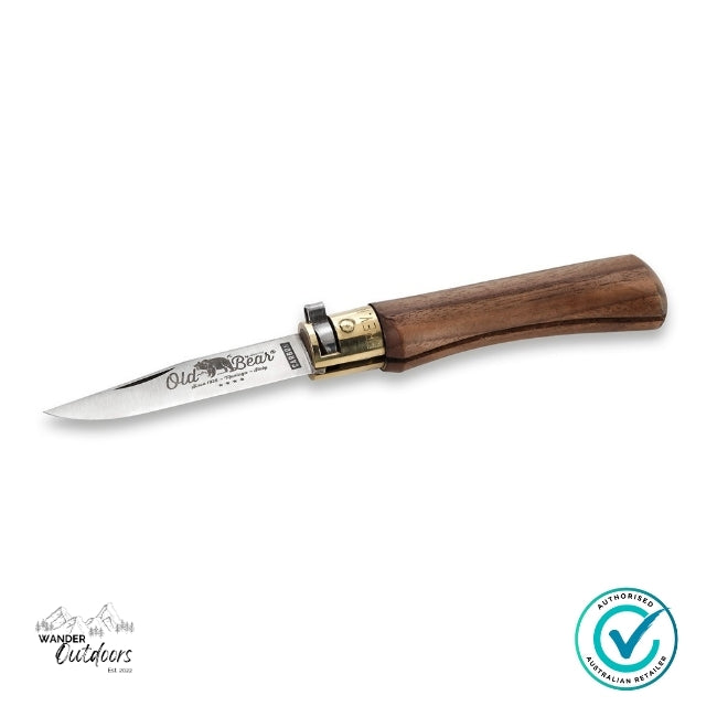 Wooden-handled knife with visible branding on a white background