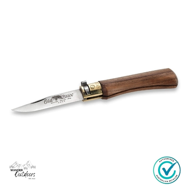 Knife with wooden handle and metal blade on a white background, featuring 'Old Bear' branding.