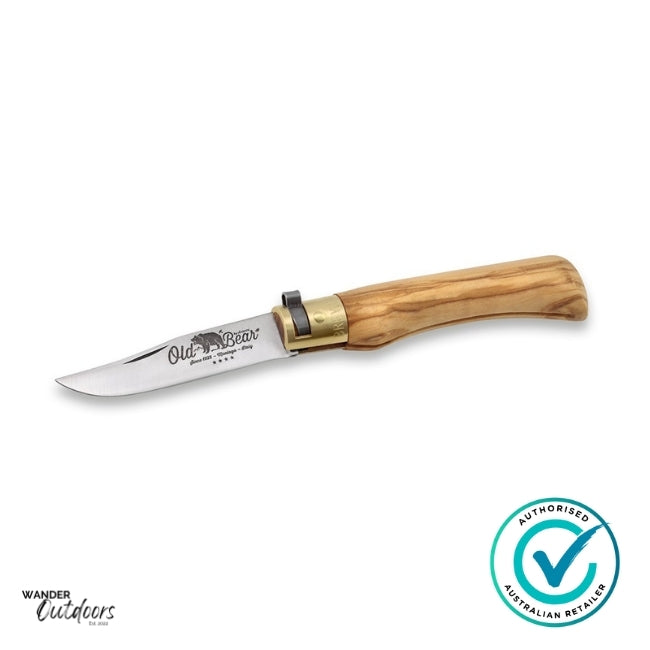 Antonini 9307/17Lu Old Bear Classical Olive Wood Knife Small - Stainless - Flat Lay and Open Blade